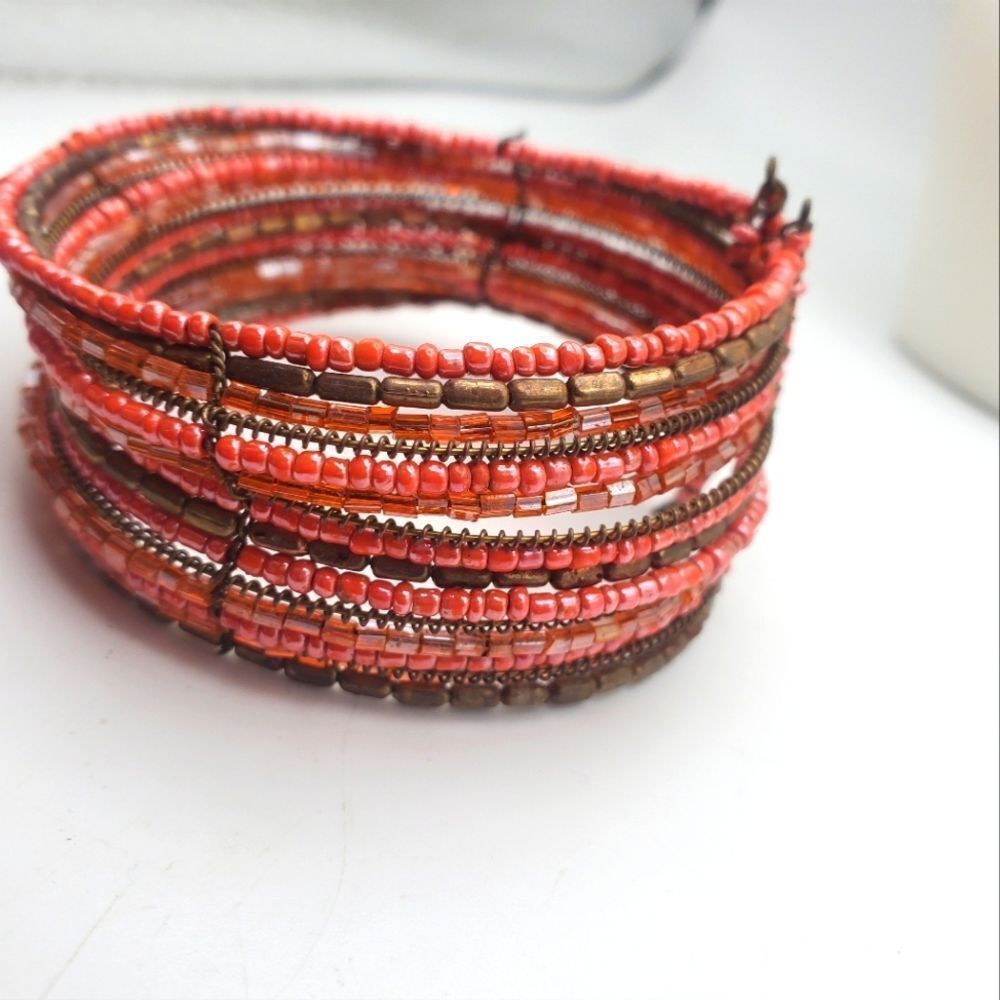 Salmon pink cherry beaded seed beaded bracelet‎ cuff calming waters